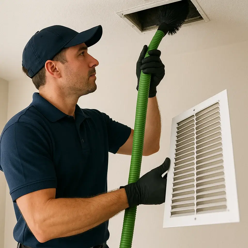 Technician cleaning residential air ducts in League City TX using rotary brush and vacuum to remove dust, lint, and mold buildup.