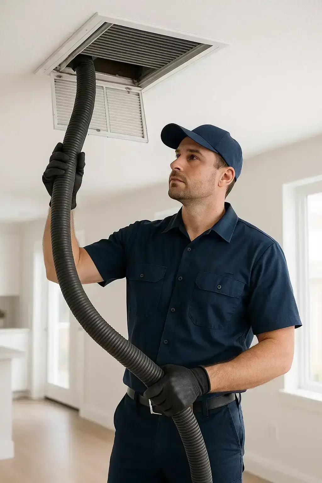 Professional League City Air Ducts Cleaning TX  technician cleaning an air vent inside a bright modern home